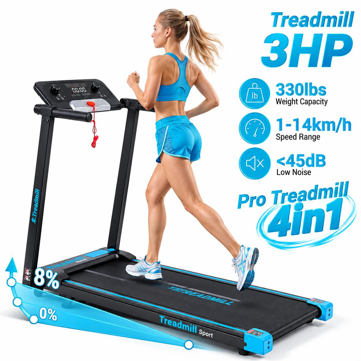 Folding Treadmill with 8% Incline for Home Gym – 330 lbs Heavy Duty Running Machine, 8.7 MPH Speed & Shock Absorption