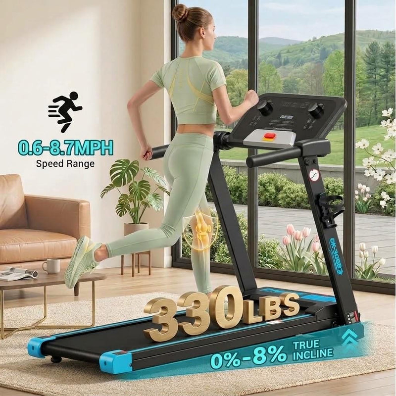 QIAN-K Folding Treadmill with Safety Key & Cup Holder ｜ Home Gym Motorized Running Machine